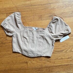 Cropped Peasant Top with Elastic Shirred Back